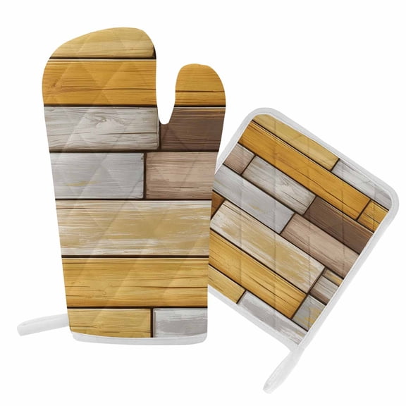 Oven Mitts and Pot Holder Set for Kitchen, Yellow Wood Grain Kitchen Oven Gloves Heat Resistance Non-Slip Surface Potholders Brown Rustic Vintage Wooden Hot Pads Sets for Cooking Baking Grilling BBQ