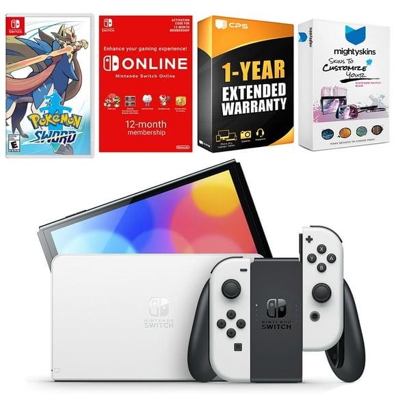 Nintendo Switch White OLED Console with Pokemon Sword, NSO 12 Month Family Membership, MightySkins Console and Controller Skin Voucher, and 1 Year CPS Extended Warranty