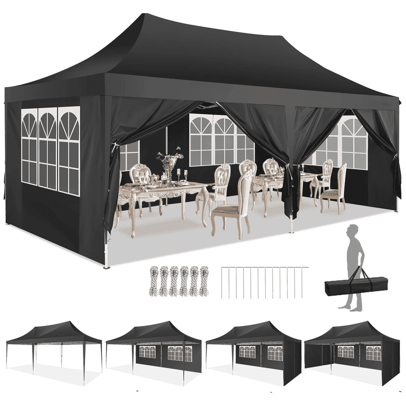Hoteel 10x20 Canopy Tent with 6 Removable Sidewalls,Pop up Canopy for Parties Wedding,Commercial Easy up Gazebo with Carry Bag,UV 50+,Black