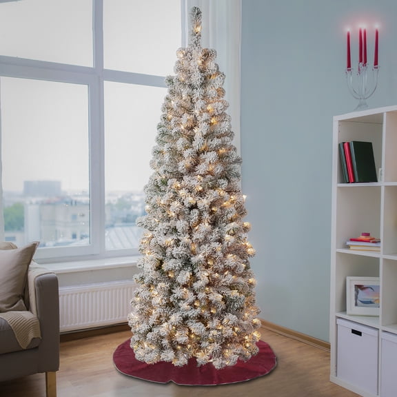 6 ft. Pre-Lit Artificial Acacia Pencil Slim Christmas Tree, Green, 250 Clear Lights, Flocked, Includes Stand