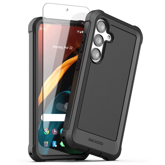 Encased Falcon Designed for Samsung Galaxy S24 Case with Tempered Glass Screen Protector, Full Body Protective Phone Case (Black)