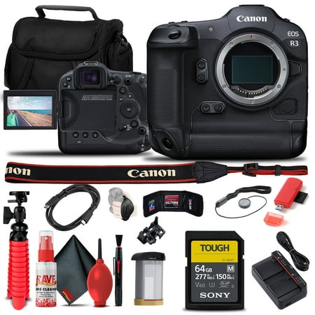 Canon EOS R3 Mirrorless Camera (4895C002) + Sony 64GB TOUGH SD Card + Card Reader + Case + Flex Tripod + Hand Strap + Cap Keeper + Memory Wallet + Cleaning Kit