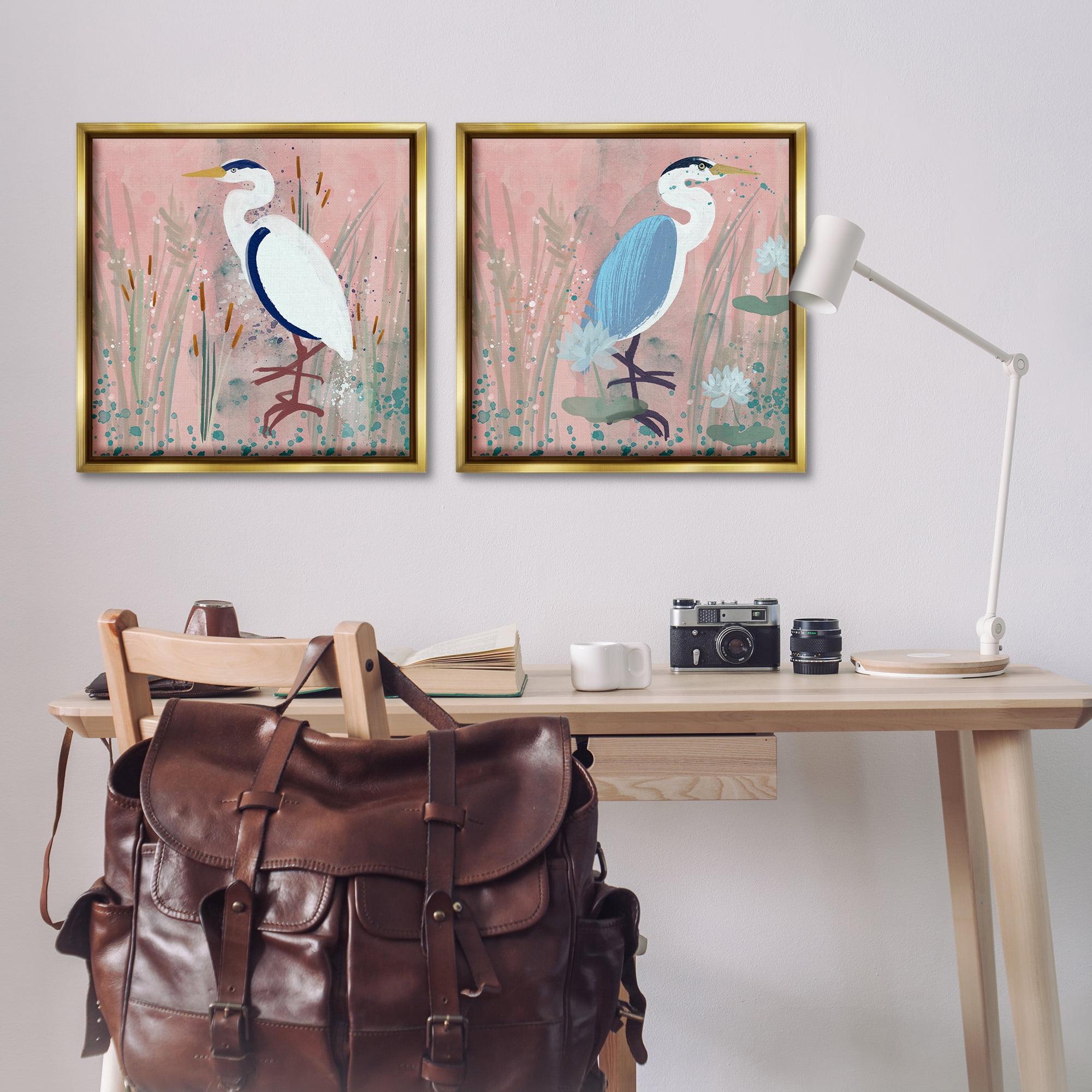 Stupell Industries Blue Heron Egret Cattail Marsh Animals Painting Gold Floater Framed Canvas Art Print Wall Art, 25 x 25, Set of 2