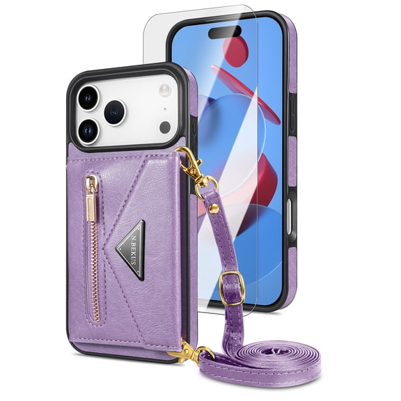 Dteck Zipper Wallet Case with Tempered Glass Screen Protector for iPhone 17 Pro,Shockproof Leather TPU Card Slots Wallet Case Kickstand Cover with Shoulder Strap for iPhone 17 Pro,Purple