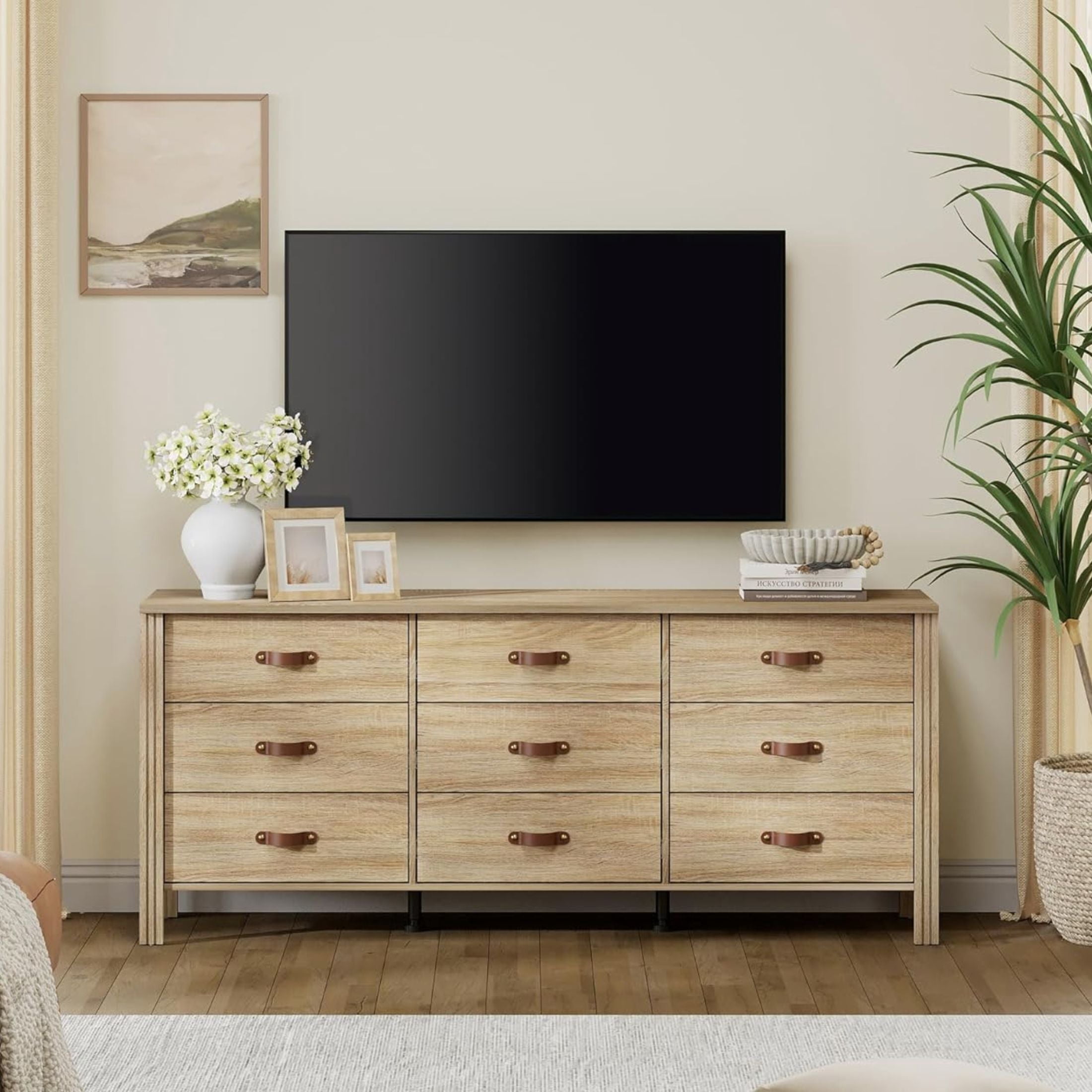 WAMPAT 62" Dresser with 9 Drawers, Farmhouse Dresser with Wide Chest of Drawers for Living Room, Hallway, Nursery, Light Oak