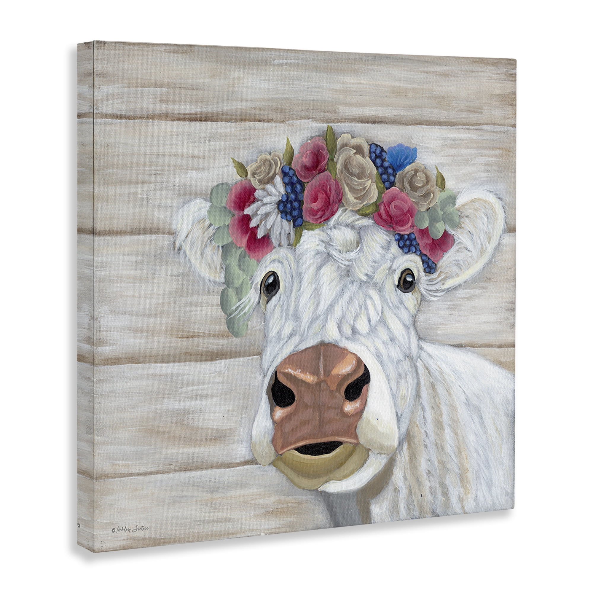 Stupell Industries Rustic Cow Flower Crown Animals & Insects Painting Gallery Wrapped Canvas Art Print Wall Art, 30 x 30