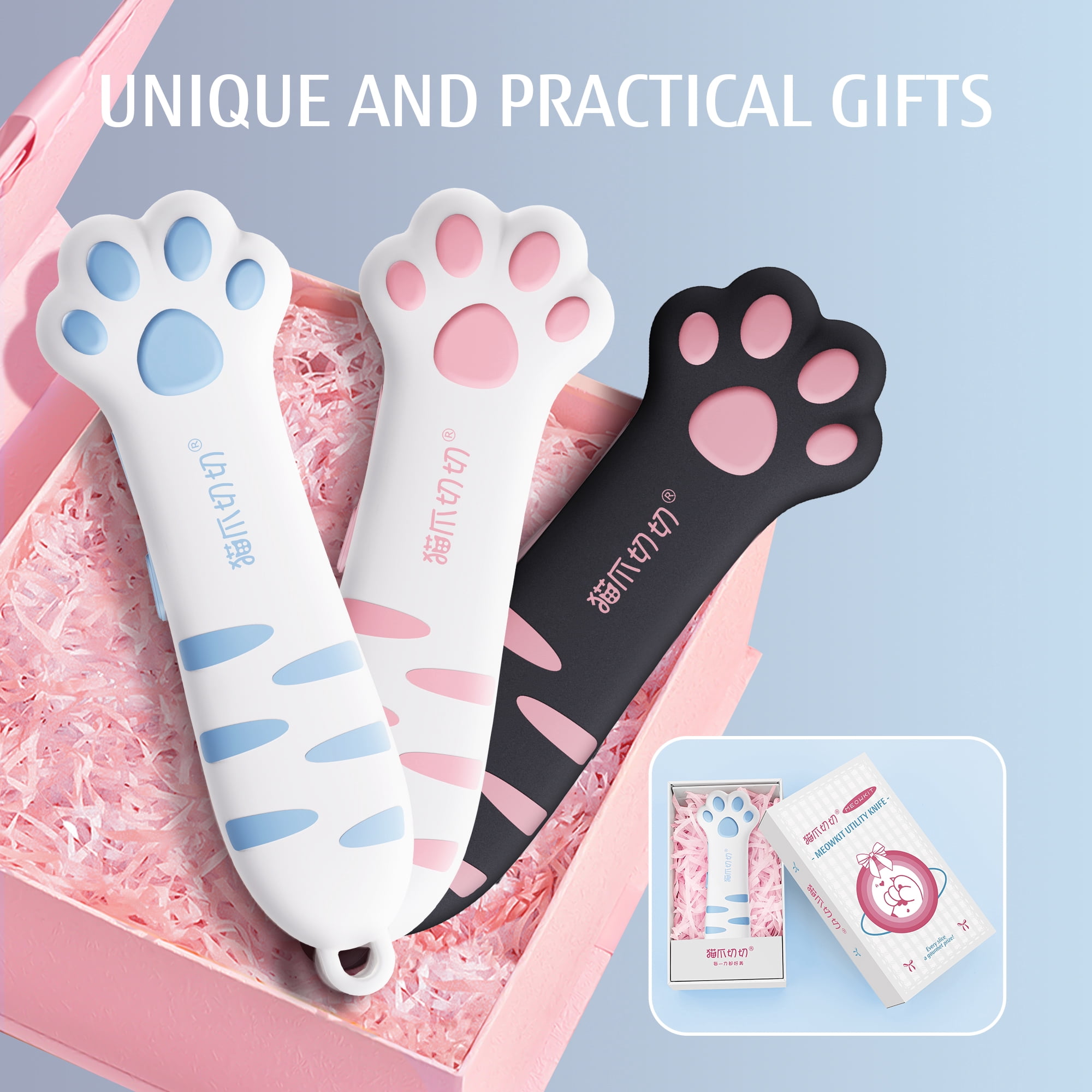 Meowkit Blue Cat Paw Utility Knife, Retractable Box Cutter for Crafts, Gift-Worthy Stationery Tool