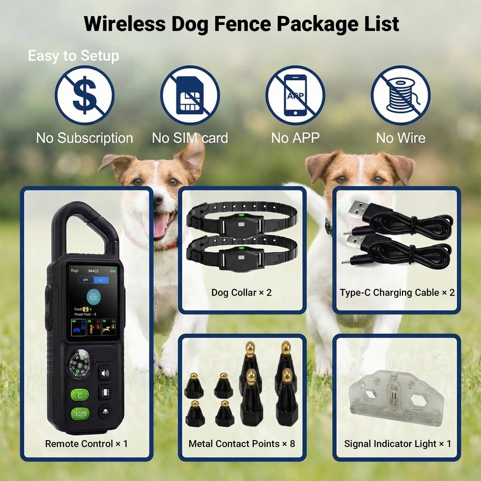 Wireless Dog Fence System with 4 Modes Training Collar + Light, Adjustable Beep + Vibration + Shock Collar for 2 Dogs, Waterproof Rechargeble Dog Electric Fence