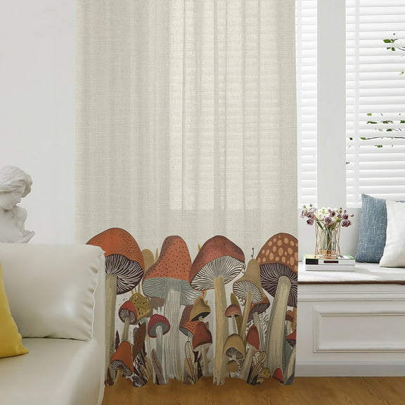 Fall Mushroom Semi Sheer Curtains Drapes for Living Room, Bedroom, French Doors Window 72 Inches Long, Thanksgiving Botanical Farmhouse Burlap Rod Pocket Chiffon Curtain Drapery Voile Drape Panel