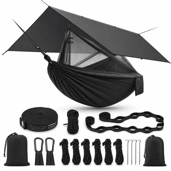 Black Bundle 55"W*106"L Double Camping Hammock with Rain Fly and Net
