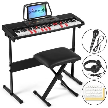 Electric Keyboard Mustar Built-in Speakers Piano 61 Lighted Keys for Beginner with Stand Stool, Headphones, Microphone, Note Stickers