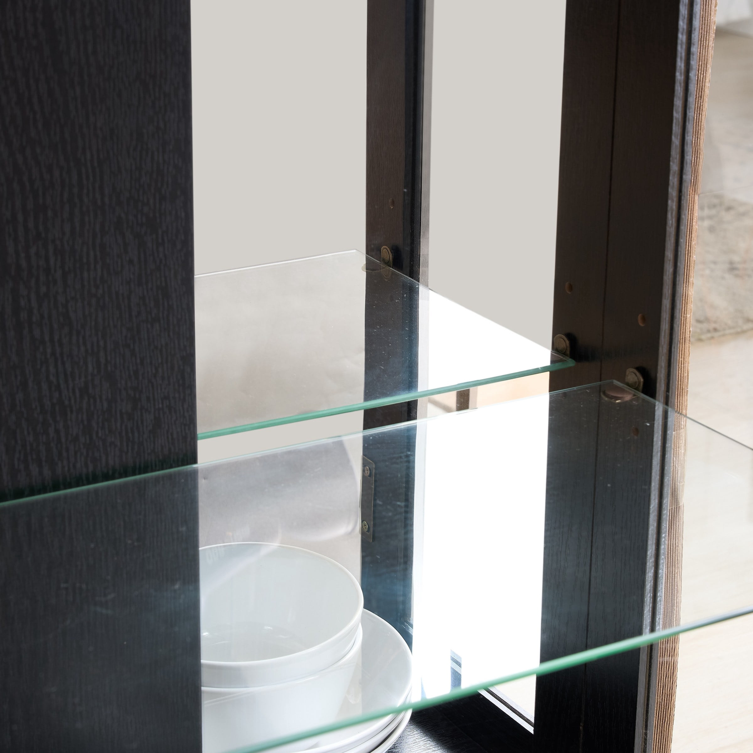 Curio Cabinet with Tempered Glass Doors, Lighted Display Cabinet with Mirrored Back Panel & Adjustable Shelves, Black