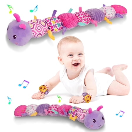 TFGISS Musical Caterpillar Sensory Toys for Baby Girl 0-6-12 Months Montessori Brain Development Toys for Ages 0-2 Infant Floor Toys with Music Box Texture and Rattles for Newborn Girls Gifts