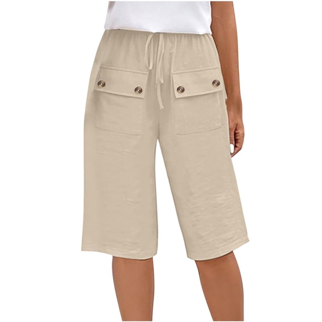 AherBiu Summer Shorts for Women Knee Length Cotton Linen Drawstring High Waisted Lounge Short with Pockets