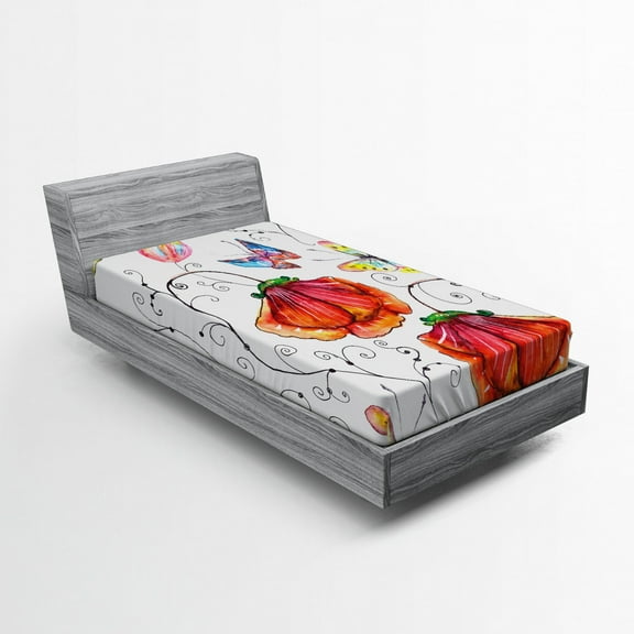 Ambesonne Nature Fitted Sheet, Swirled Flowers Flamingo, Twin XL Size, Multicolor