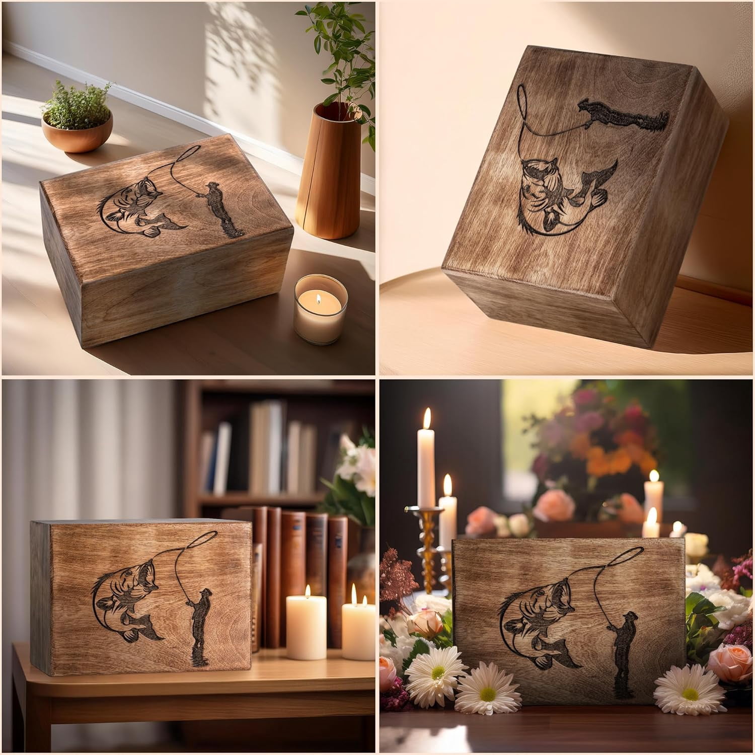 Cremation Urns for Human Ashes - Fishing Wooden Box and Casket for Men, Women and Child Ashes - Funeral Memorial Burial Urn for Cat Dog Pet Ashes - Small (36 Cu/in)