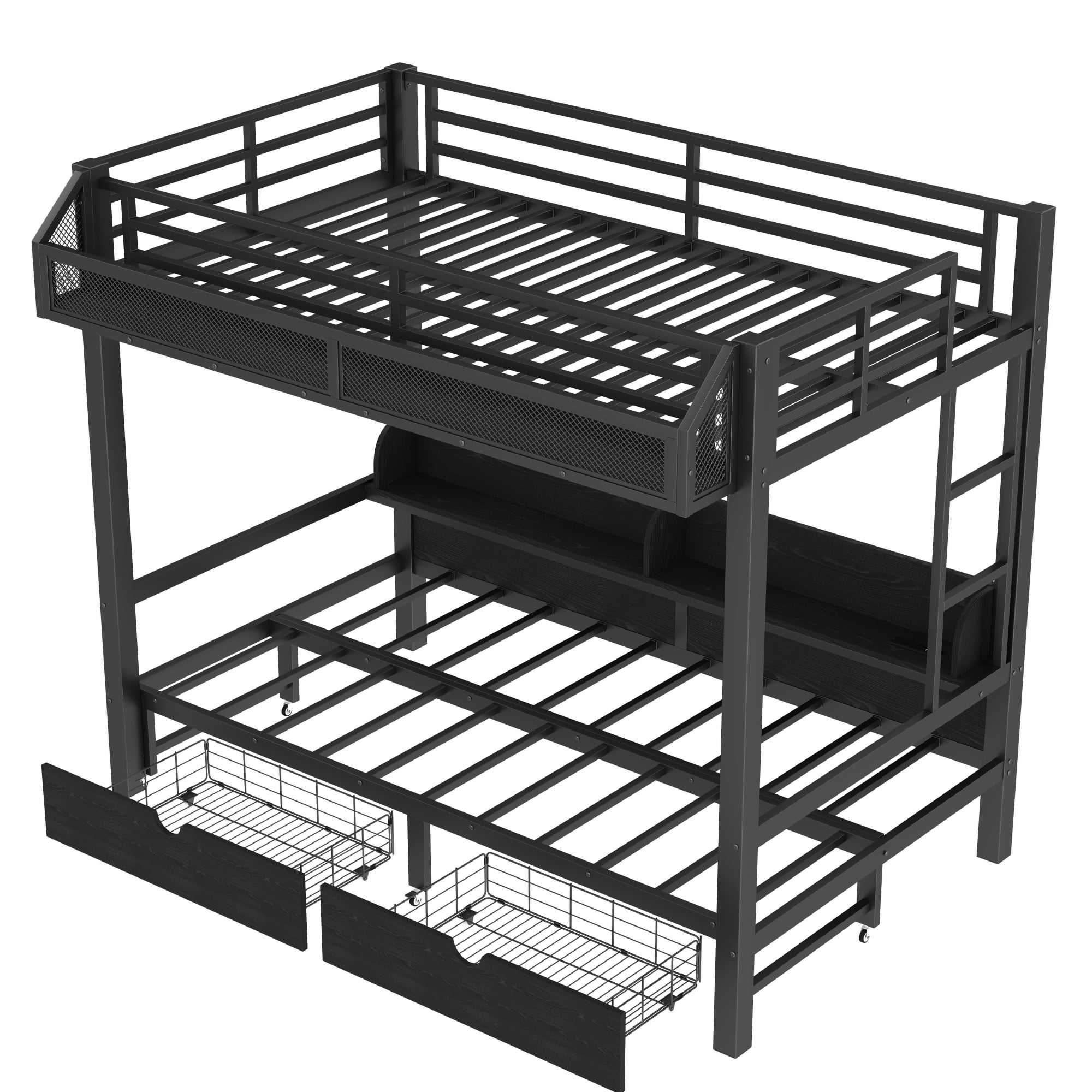 Twin XL over Twin XL Metal Bunk Bed with Storage Shelves and 2 Drawers, Multifunctional Bunk Bed Frame with USB Ports and LED Lights, Lower Bed that can be converted into a sofa