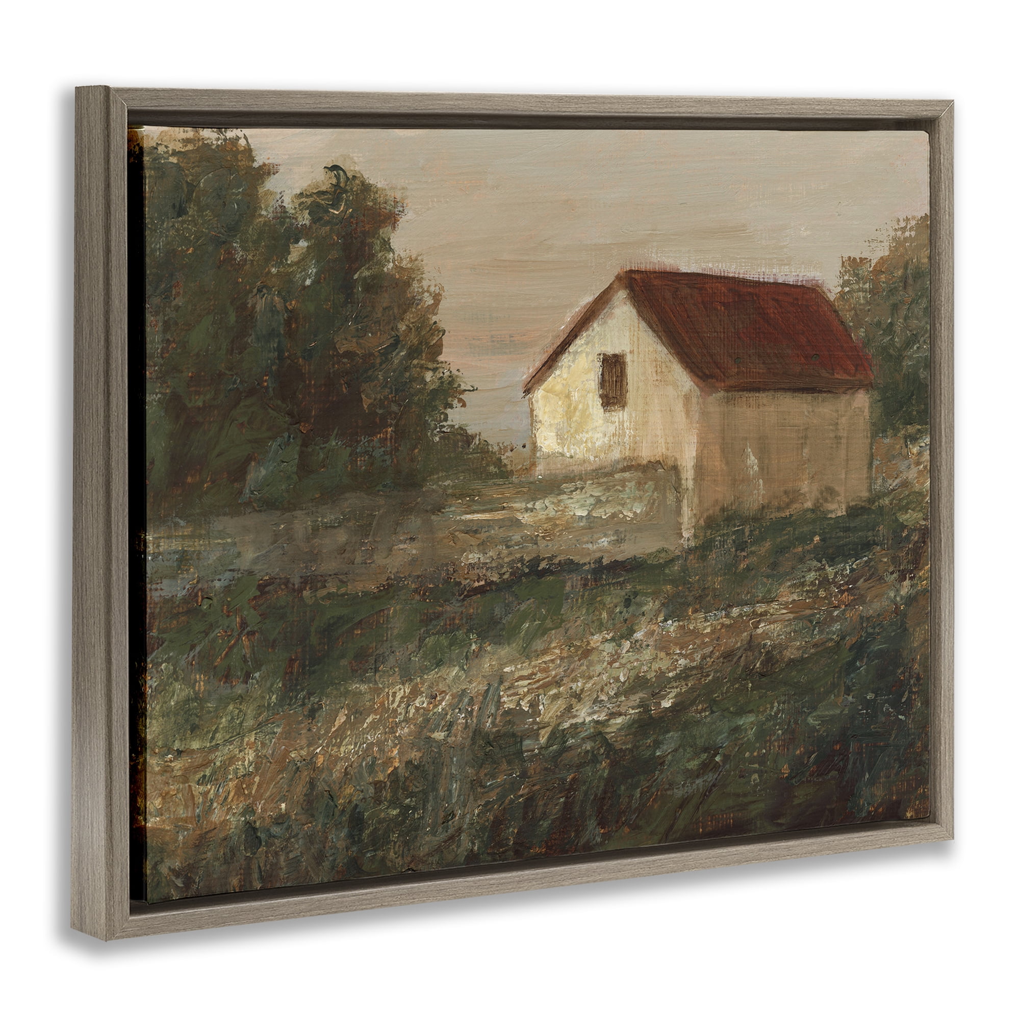 Stupell Industries Traditional Red Roof Cottage Landscape & Nature Painting Brown Floater Framed Canvas Art Print Wall Art, 31 x 25