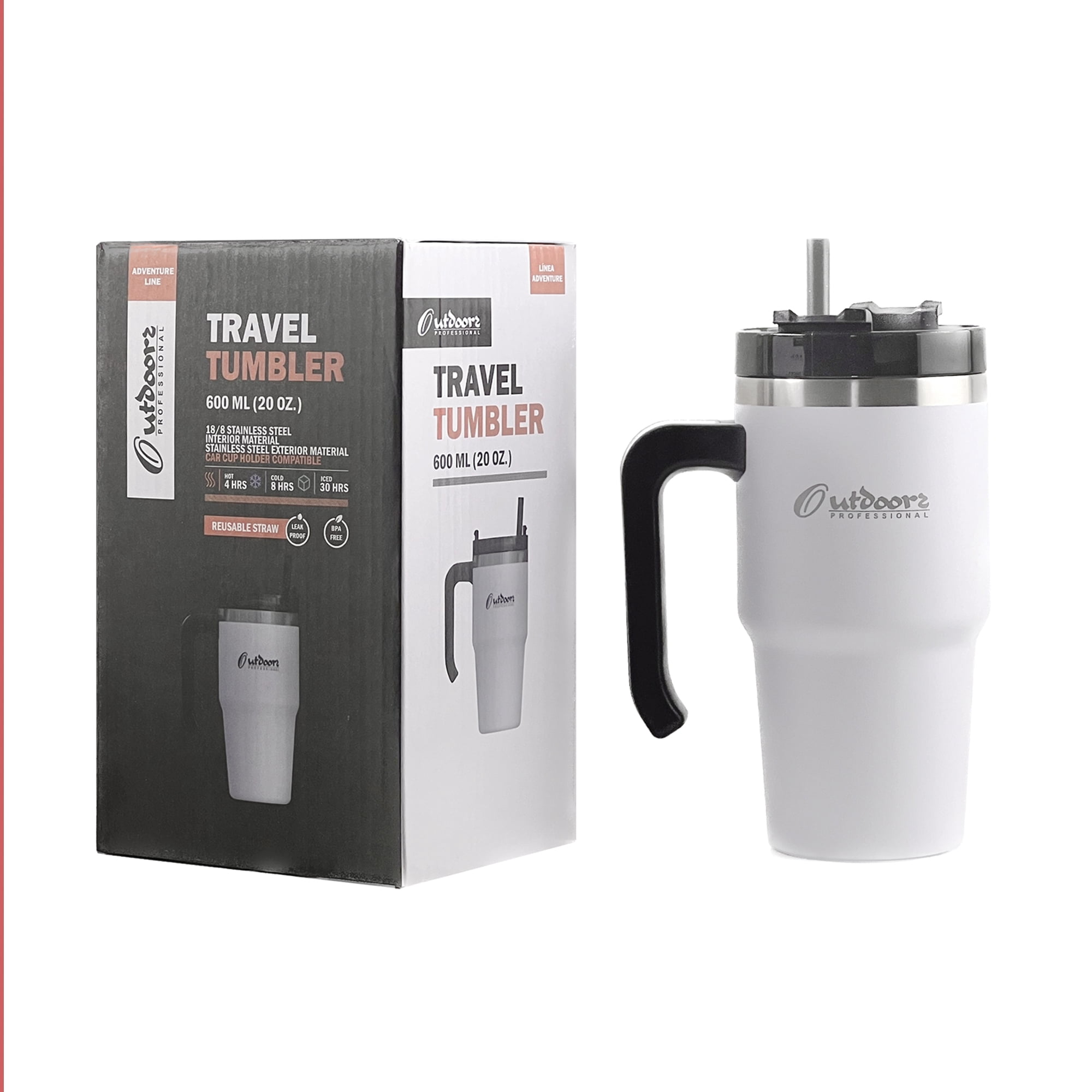 Outdoors Professional 20-Oz. Stainless Steel Double-Walled Insulated Tumbler with Straw (White), OUTD6052