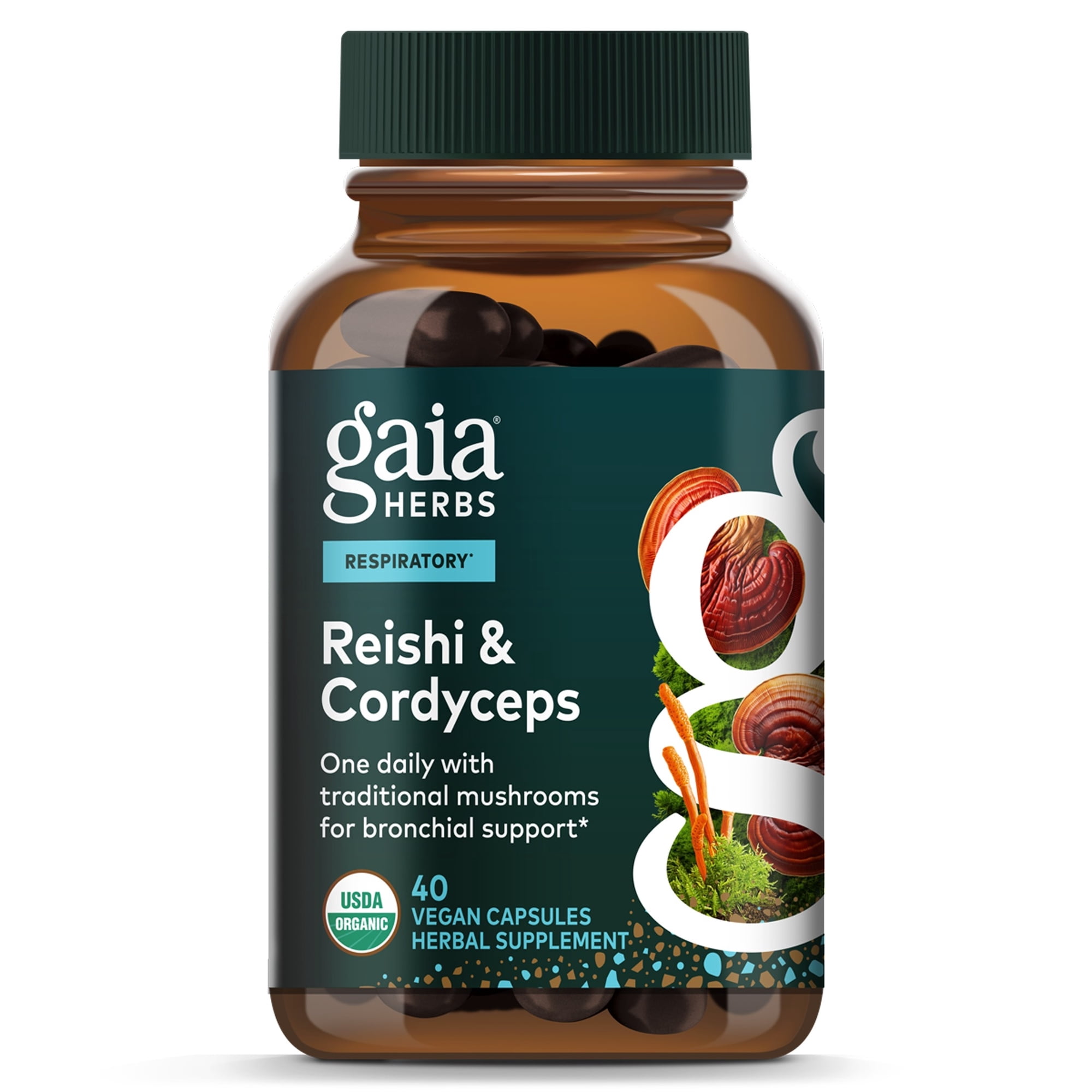 Gaia Herbs Reishi & Cordyceps - Immune Support with Mushrooms Traditionally Used to Help Maintain Lung & Respiratory Health* - with Reishi & Cordyceps - 40 Vegan Capsules (40 Servings)