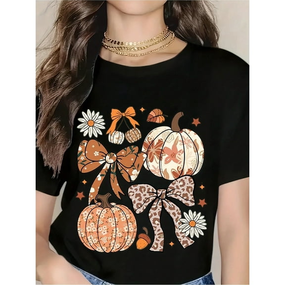 Fall Pumpkin Bow T-Shirt Women's Autumn Harvest Floral Print Casual Tee For Halloween Thanksgiving Seasonal Outfit