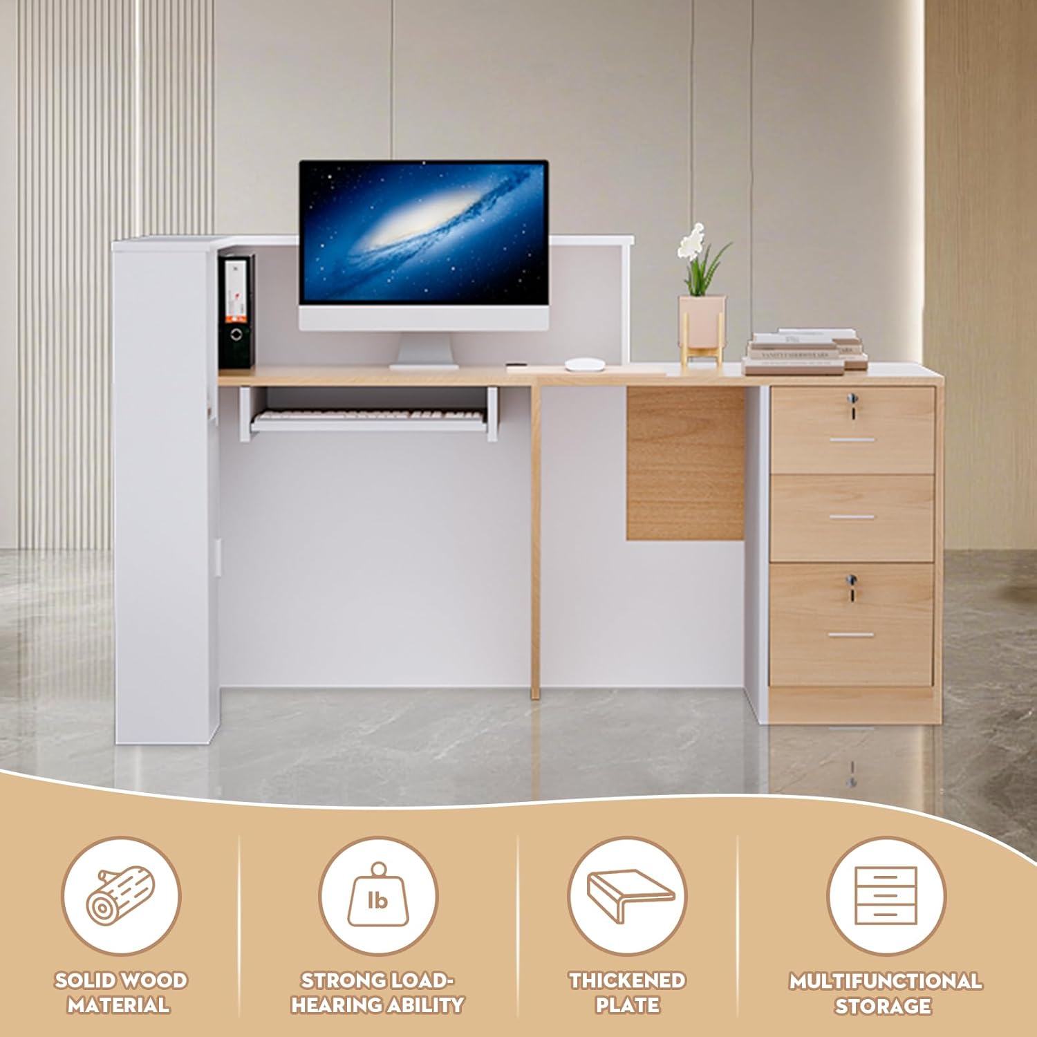 Esheno Modern Wooden L Shaped Reception Desk 71 inch Commercial Counter with Lockable Drawers and Cabinet Plain Wood Color Left Side Storage for Office Lobby School