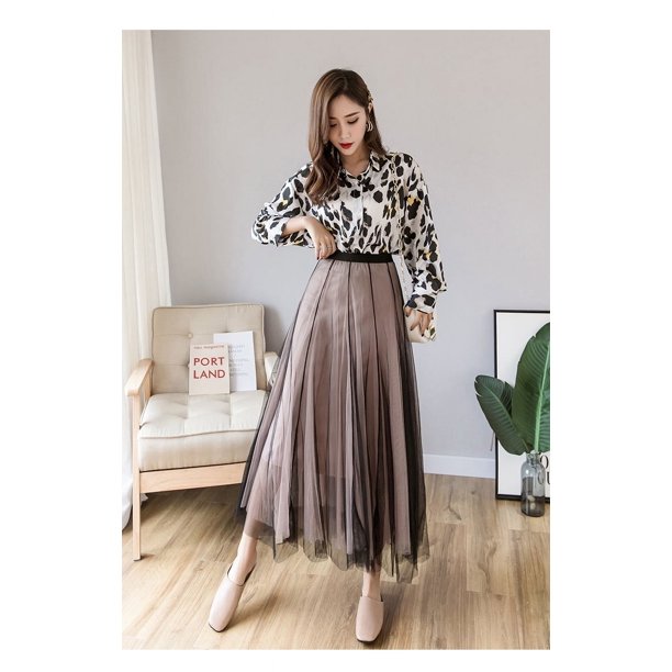 Falda larga de malla con contraste de color de estilo de moda coreana para mujer, faldas tutú elegantes de tul con cintura alta y plisadas de corte A para primavera