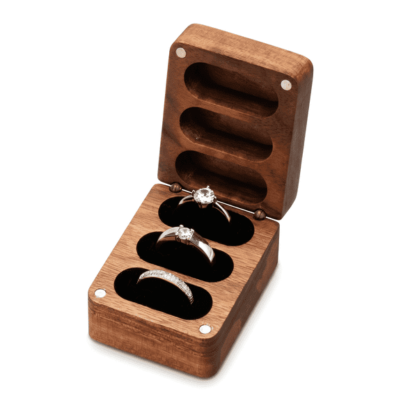 Solid Walnut Wood 3-Slot Wedding Ring Box with Black Interior