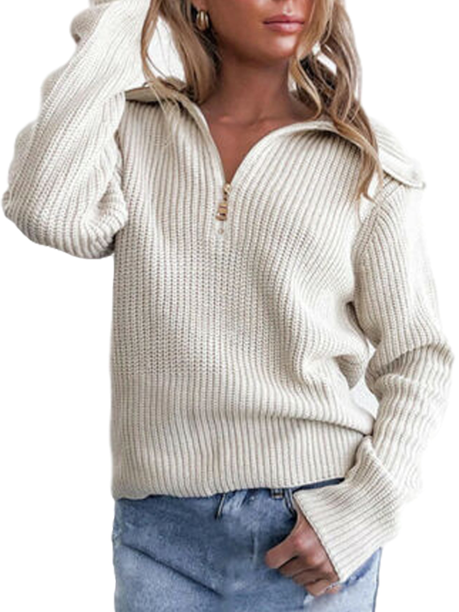 FOCUSNORM Women's Casual Sweater Loose Half Zip Pullover Long Sleeve ...
