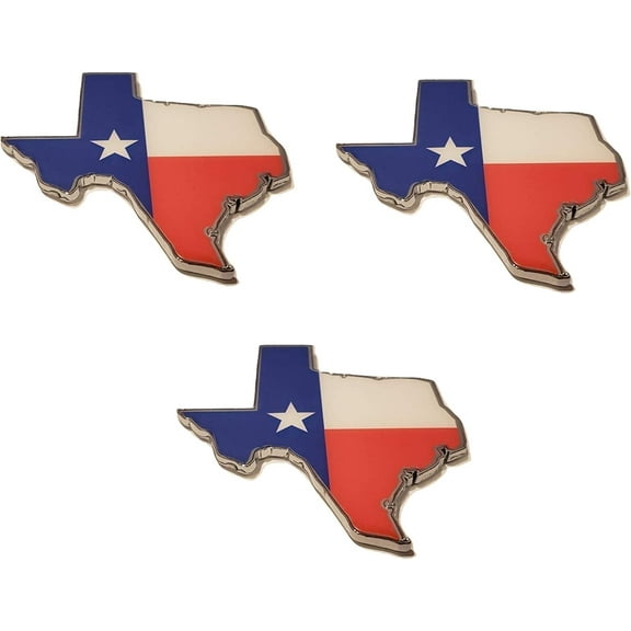 Muzzys SET OF THREE- 3.5" Large TEXAS FLAG IN SHAPE OF TEXAS State Edition Emblem Decal Longhorn Lone Star METAL Badge Universal StickOn FITS Chevy Silverado Suburban Tahoe Sierra Ford F150 Ranger Ram