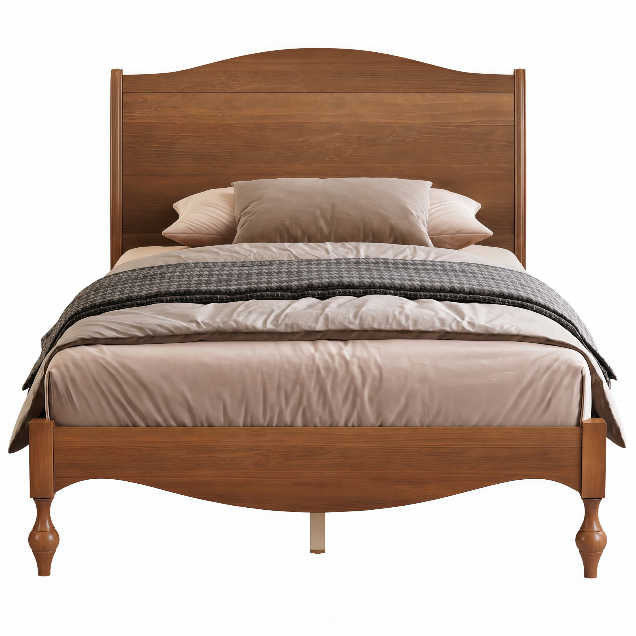 Noble House Carola Full Wooden Platform Bed Frame, Traditional Arched Headboard Vintage Design, Light Walnut