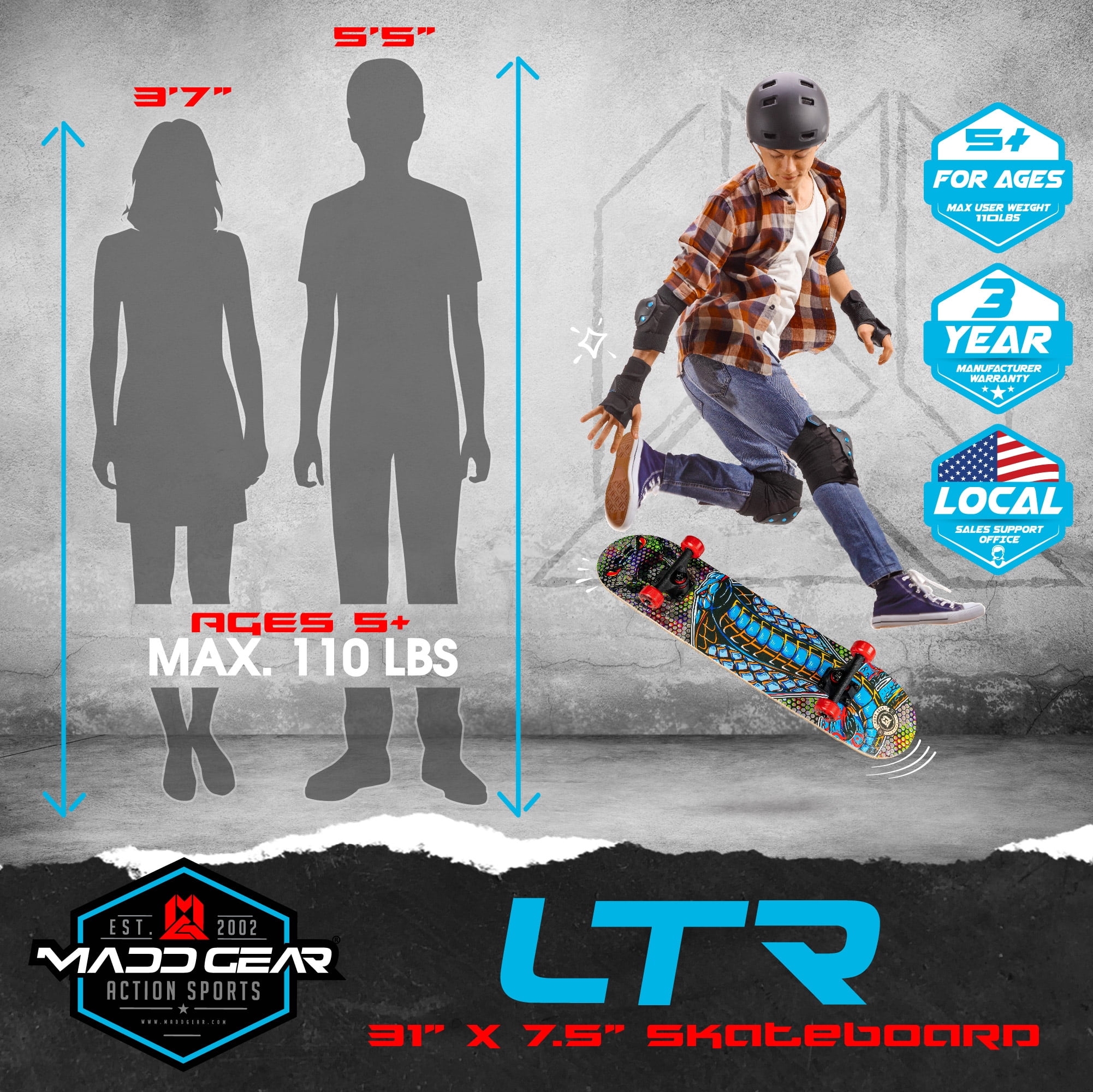 Madd Gear 31 x 7-inch Double Kicktail Standard Beginner Complete Skateboard Maple Deck 50mm Wheels