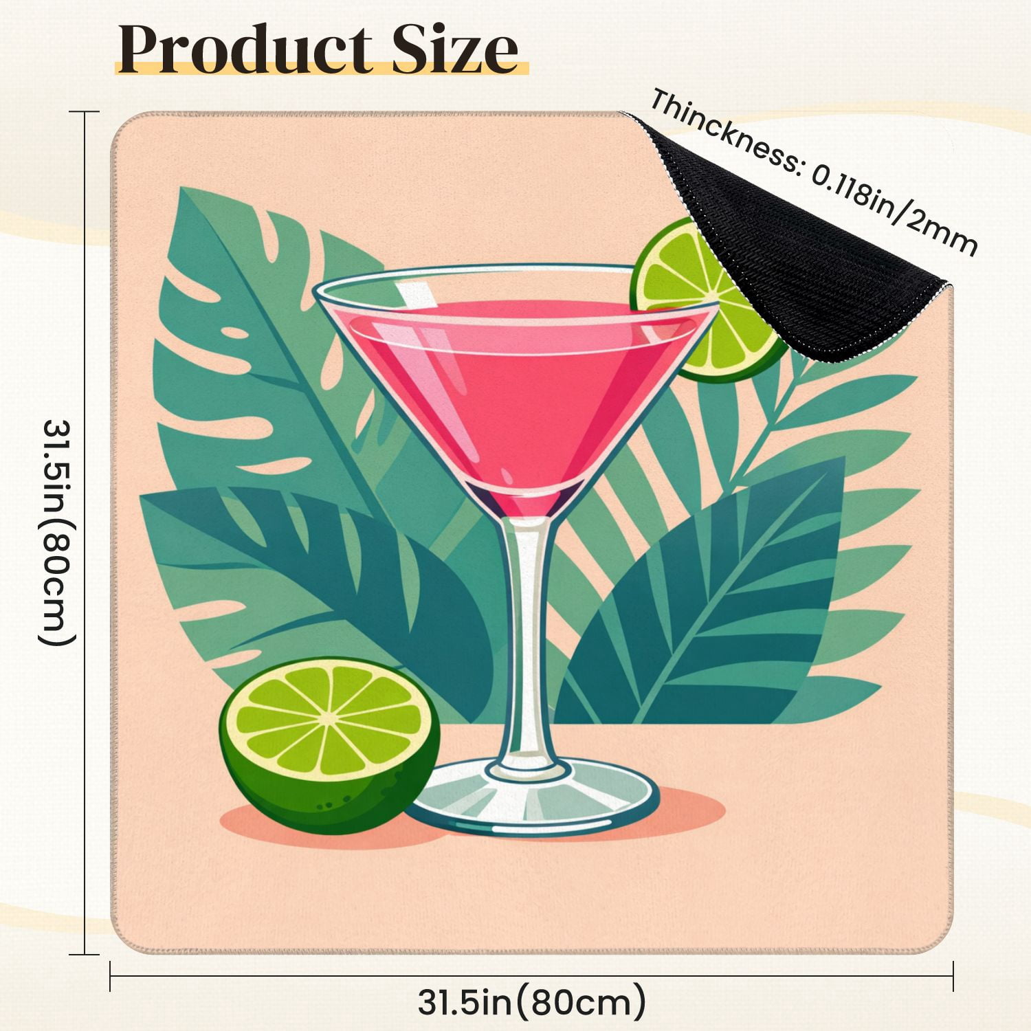 Mahjong Mat 31.5" x 31.5" Pink Cocktail Lime Slice Tropical Leaves Non-Slip Noise Reduction Mahjong Tiles Table Cover for Dominoes Poker Card Board and Tile Games