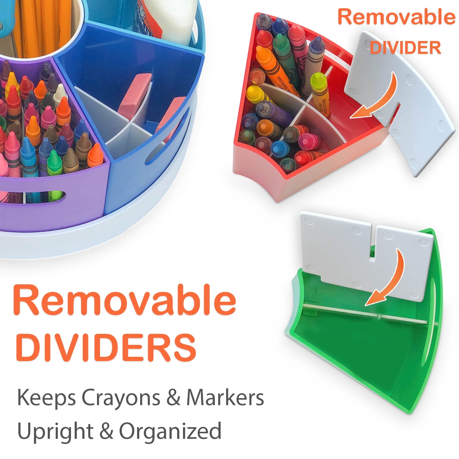 Crayon Organizer for Kids with Removable Dividers - Lazy Susan School Art Supplies Caddy , Markers & Pencils Holder , Rotating Kids Desk Organizer Storage Rainbow Color