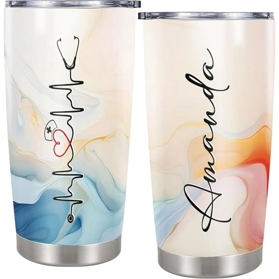 Personalized Stethoscope Nurse Tumbler Custom Name Insulated Cup Travel Coffee Mug with Lid Stainless Steel 20oz Appreciation Gift for Women Girl Birthday Christmas