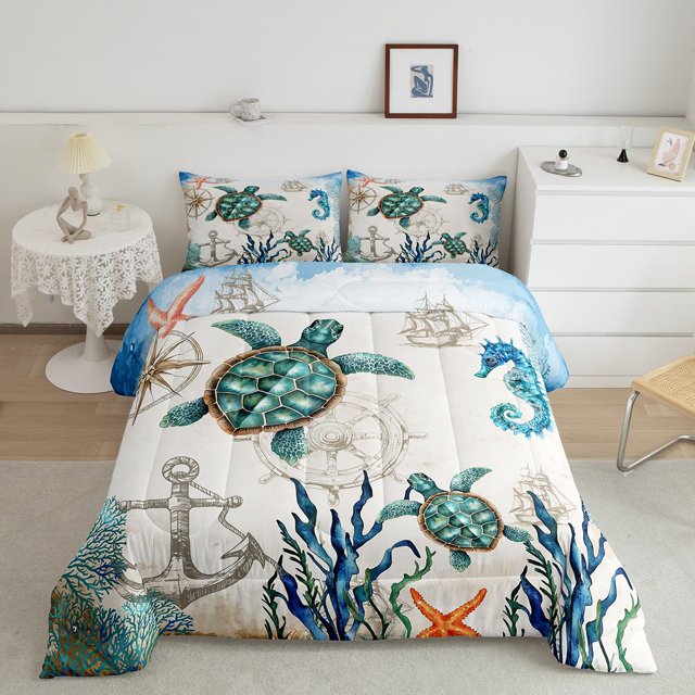 Erosebridal Ensembles de Literie Tortue de Mer Simple avec Couette, Insert de Couette Ancre Océan Vintage, Ensemble de Couette Simple Réversible Animal de la Vie Marine, Super Douillet Décoratif pour la Chambre, 2 Pcs