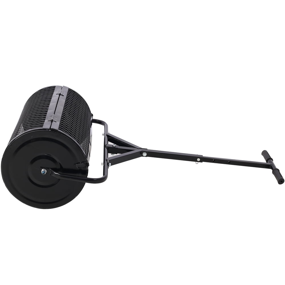 24 Inch Peat Moss Spreader, Black Metal Mesh Compost Spreader with T‑Shaped Handle, Heavy Duty Lawn & Garden Manure Roller