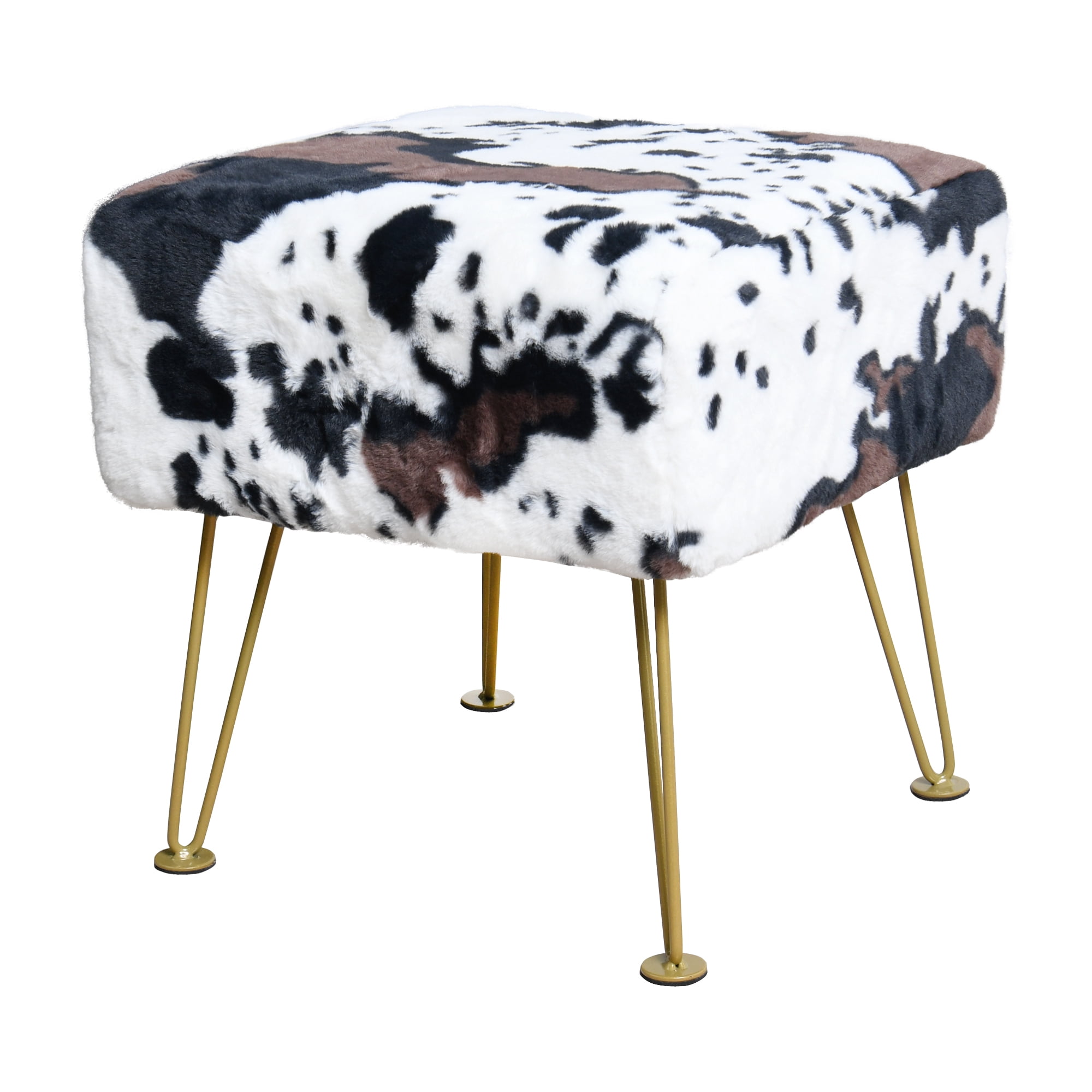 Home Soft Things Faux Fur Ottoman - Cows Flowers - Gold Leg - 17x17x17"