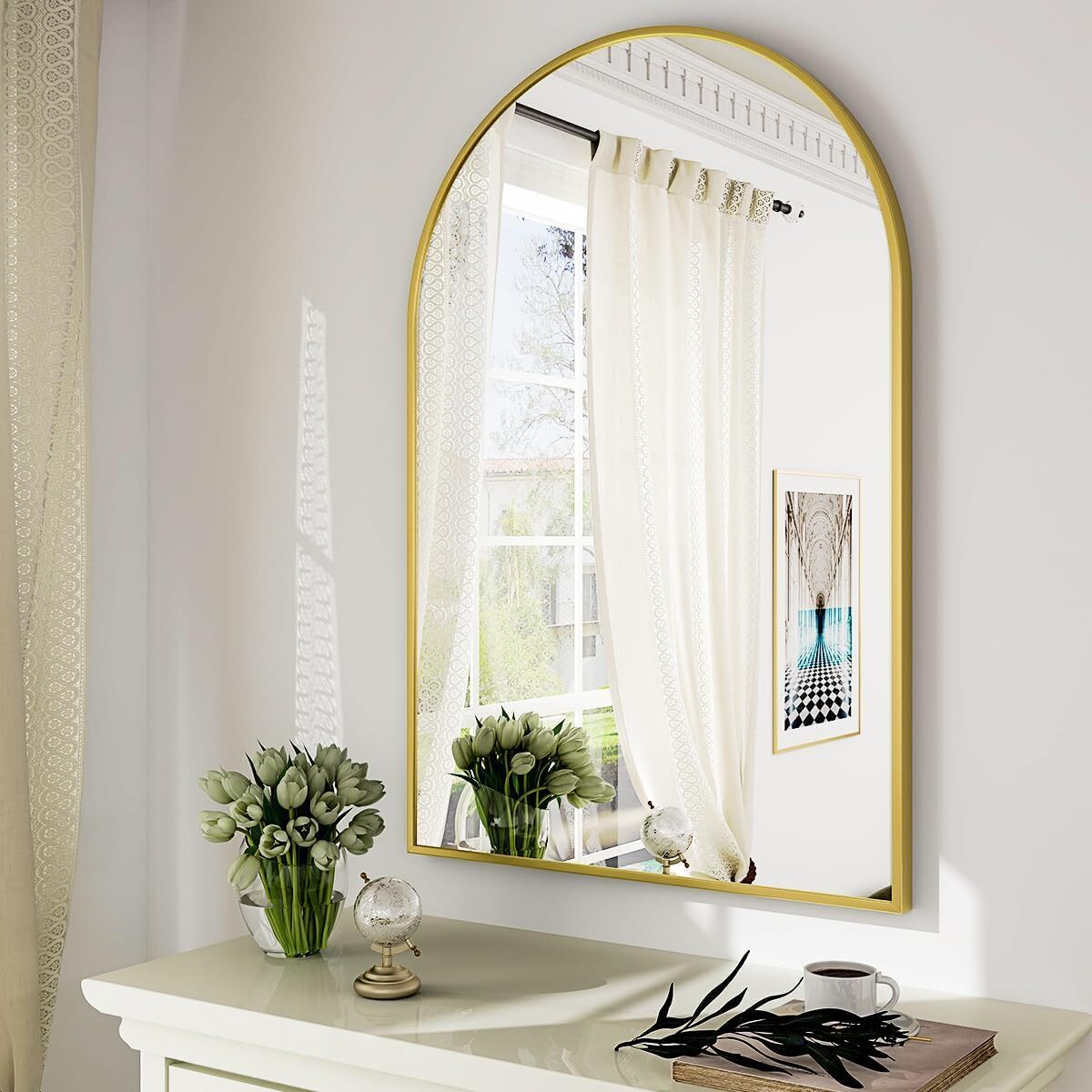Lumora 32"x48" Arched Wall Bathroom Mirror Wall-mounted Mirror with Aluminum Frame,Gold