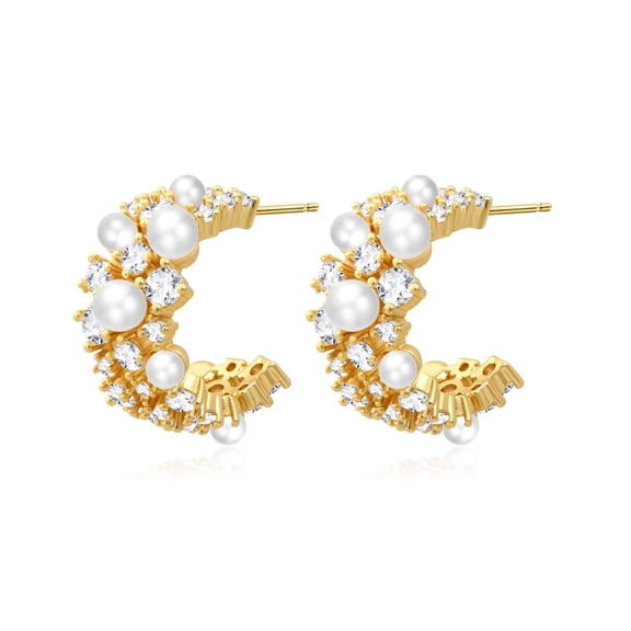 14K Gold Plated Pearl Hoop Cubic Zirconia Wedding Earrings for Bride and Bridesmaids White Pearl CZ Circle Earrings for Women