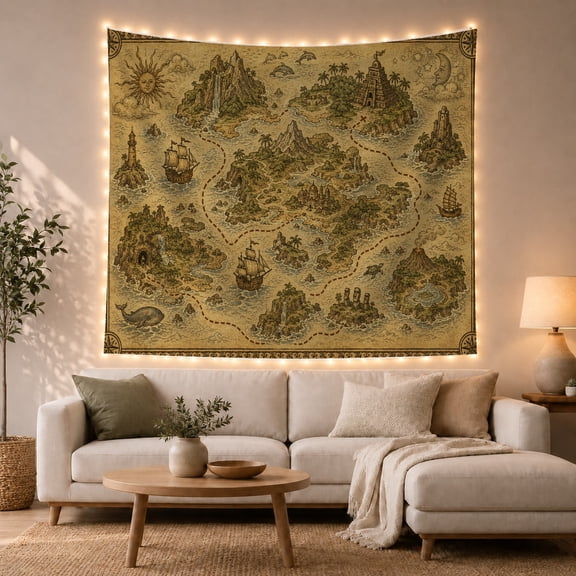 Vintage Treasure Map With Sailing Ships and Islands, Adventurous Illustration for History Fans, Nautical Island Map Art, Birthday Gift, Tapestry Wall Hanging for Living Room and Bedroom