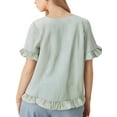 thumbnail image 3 of Women'S Round Neck Half-Sleeve Striped Loose Casual Shirt Ruffled Tops Green Stripes L, 3 of 7