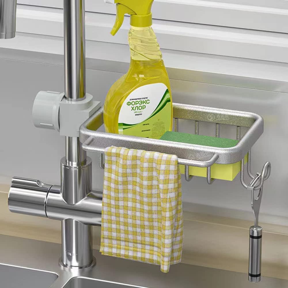 Sponge Holder for Kitchen Sink Faucet Caddy Upgraded Organizer with Dish Towels Drying Rack