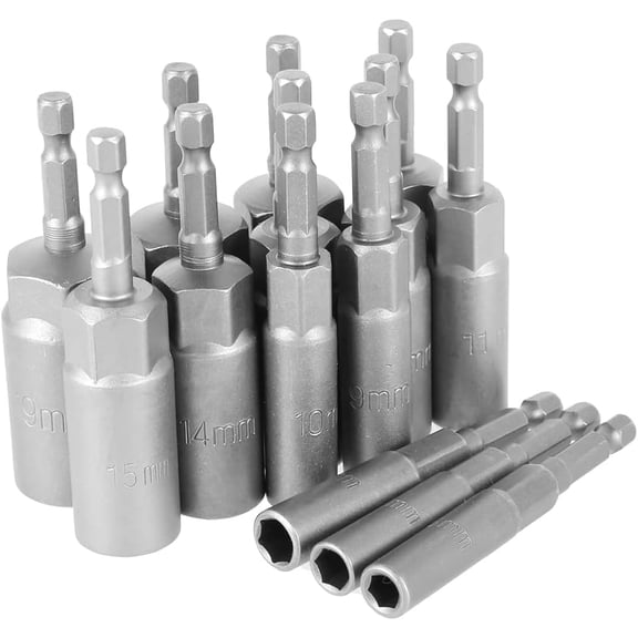 14-Piece Extra Deep Hex Bit Socket Bolt Nut Driver Bit Set, 6-19mm Metric Range with 1/4-Inch Hex Shank for Impact Drills and Drivers