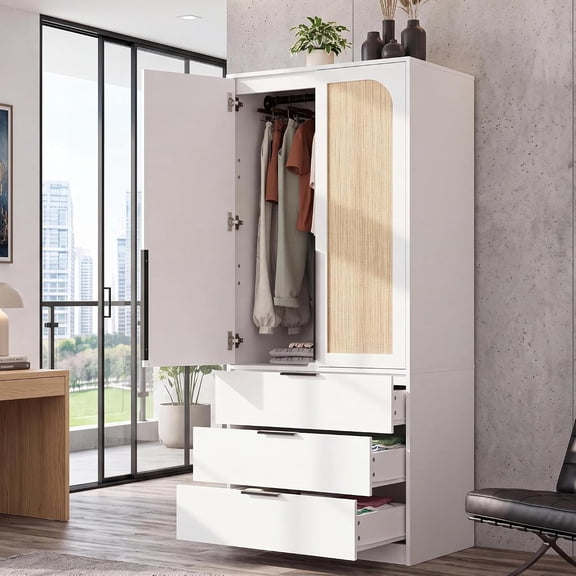 70 Inch Wardrobe Armoire with 2 Doors and 3 Drawers, Wooden Closet Storage Cabinet with Hanging Rod and Shelves, Freestanding Clothes Organizer for Bedroom, Office and Living Space,White