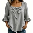 thumbnail image 2 of Mifsaly Womens Square Neck Blouses Front Bow 3/4 Ruffle Bell Sleeve Tops Lightweight Textured Loose Fit Dressy Casual Work Linen Blouse Gray,XXL, 2 of 5