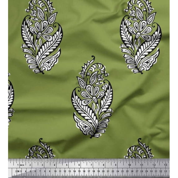 Soimoi Cotton Voile Fabric Leaves & Floral Block Printed Fabric 1 Yard 56 Inch Wide