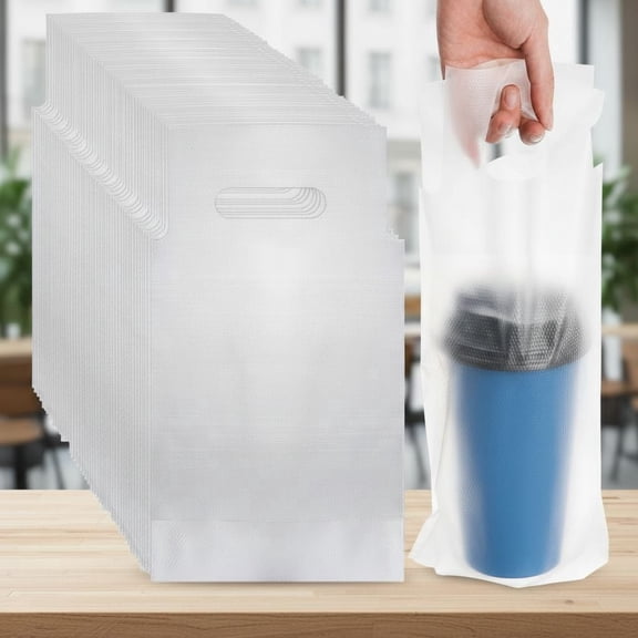 200 Pack Handle Drinking Poly Bags, Clear Cup Carrier with Handle, Plastic Drink Packaging Bags Cup Holder for Delivery, 6"L x 11"H Take Out Hanging Hole Beverage Carrier for Single Cup, Coffee