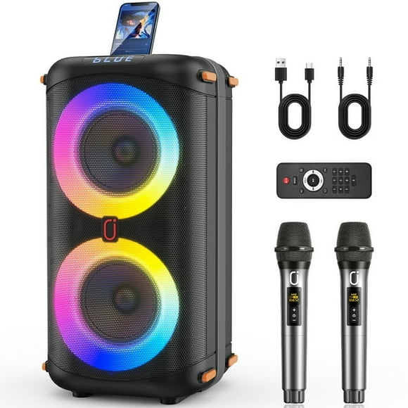 FanFun Karaoke Machine, Portable Outdoor Speaker with 2 Microphones for Party, PA System with Echo Adjustment/Remote /LED Lights,T27