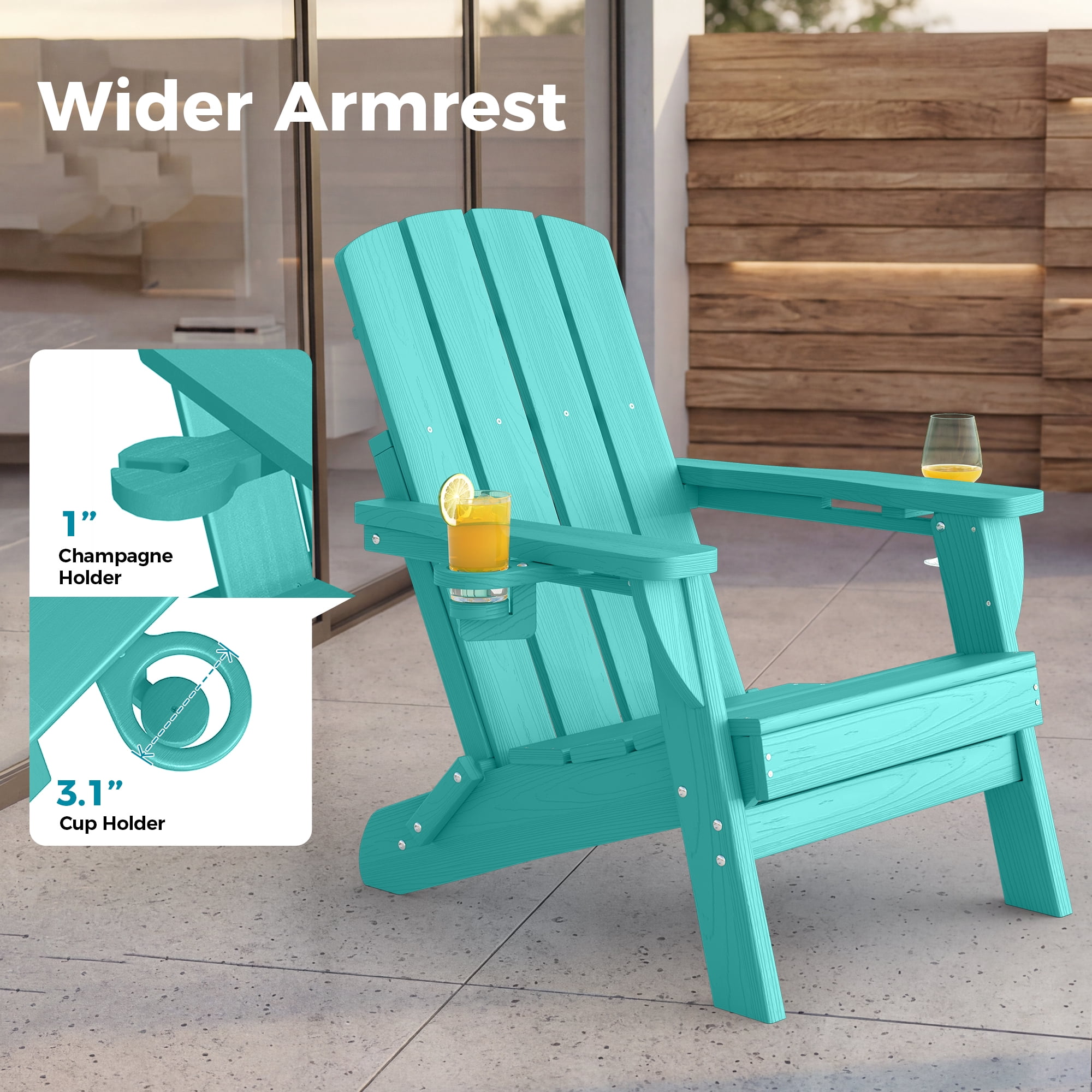 Adirondack Chair Set of 4, Outdoor Folding All-Weather HDPE Adirondack Chairs with 2 Cup Holders for Patio, Aqua